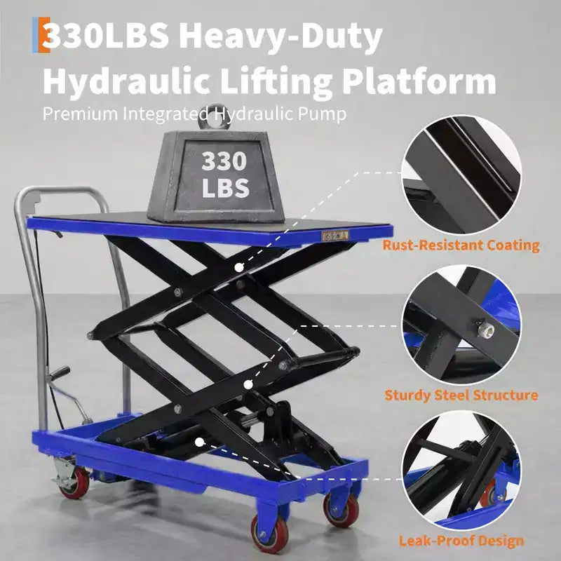 Hydraulic Lift Table Cart,330lbs Capacity 50 Lifting Height , Non-Slip Pad, 4 Wheels & Reflective Strips,for Material Handling & Transportation
