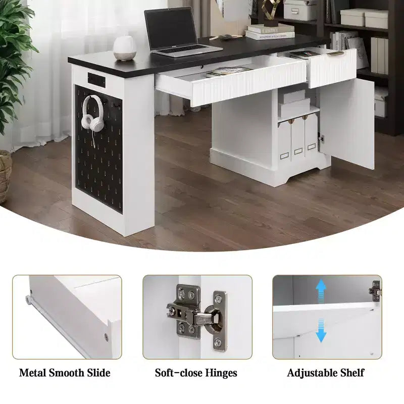 GDFStudio Haoran 55 Modern Fluted Office Desk with Power Outlet, Keyboard Tray, Door and Drawers