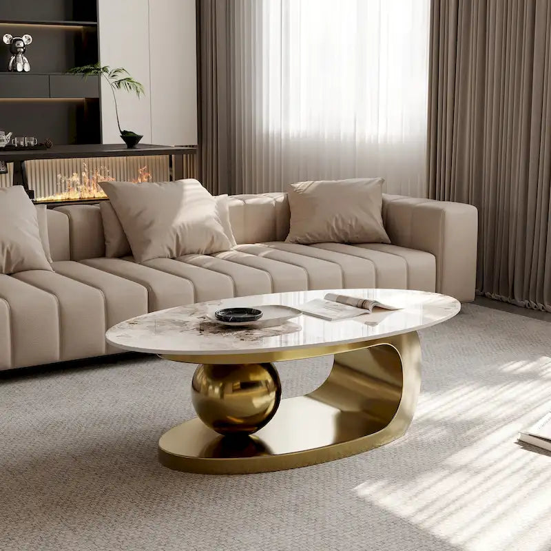 51 Modern Pandora Oval Coffee Table with Glossy Sintered stone top, Luxury Coffee Table, Stainless Steel Legs for Livingroom