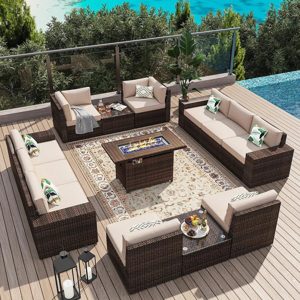 13 Pieces Patio Furniture Set with 44Fire Pit Table