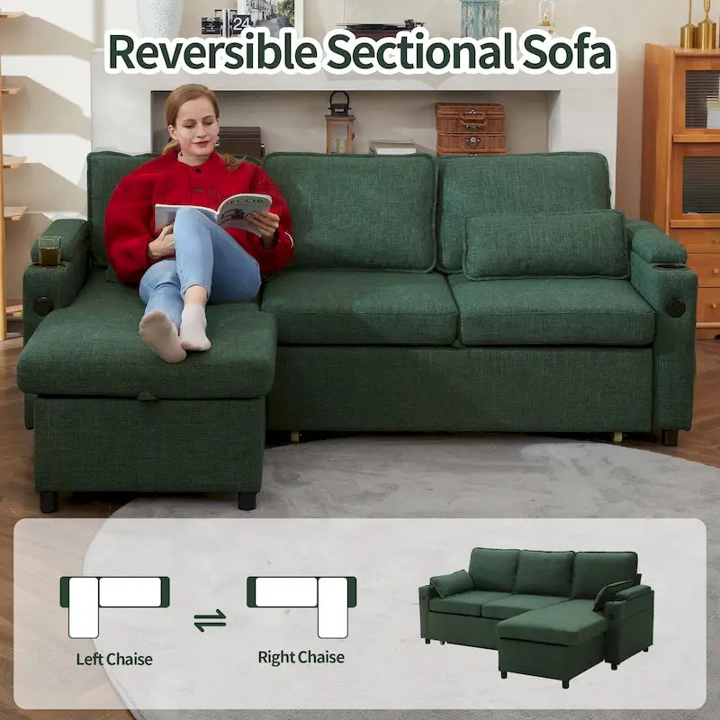 80 L-Shaped Sofa Couch Bed, Sofa Sleeper with Pull Out Bed, Reversible Sleeper Sofa Bed