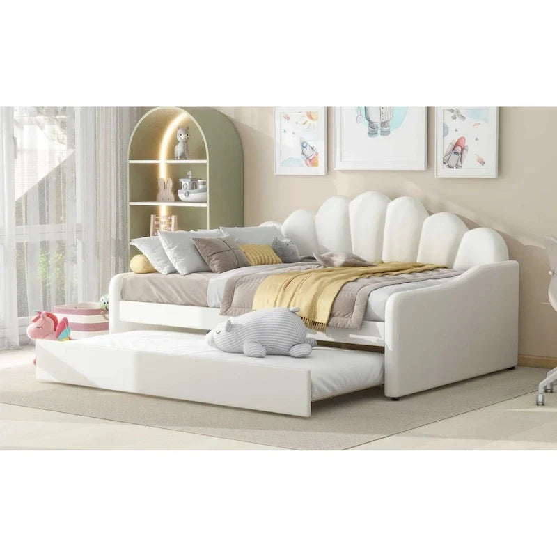 Full Size Upholstered Daybed with Shell Backrest and Trundle