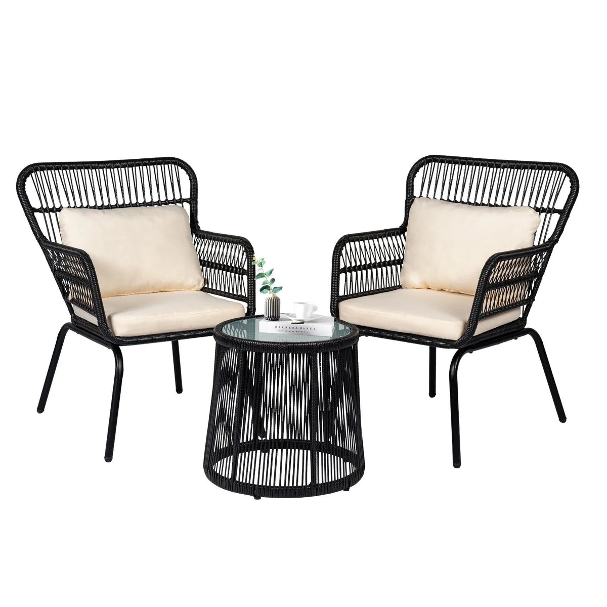 3 Piece Outdoor Wicker Conversation Bistro Set, All-Weather Rattan Furniture Patio Chairs Set with Cushions