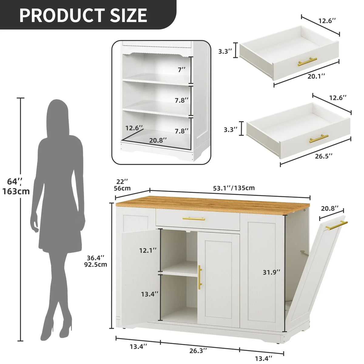Moasis 53-inch Rolling Kitchen Island Storage Cabinet Portable Mobile Kitchen Cart