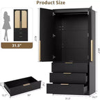 2-Door Wardrobe Cabinet with 3 Drawers & Hanging Rod