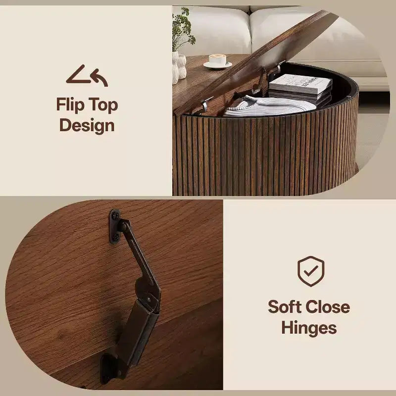 NAYSAYE Round Coffee Table with Storage, 31.5 Fluted Center Table for Living Room, Modern Walnut Wood Circle End Table for Small Space