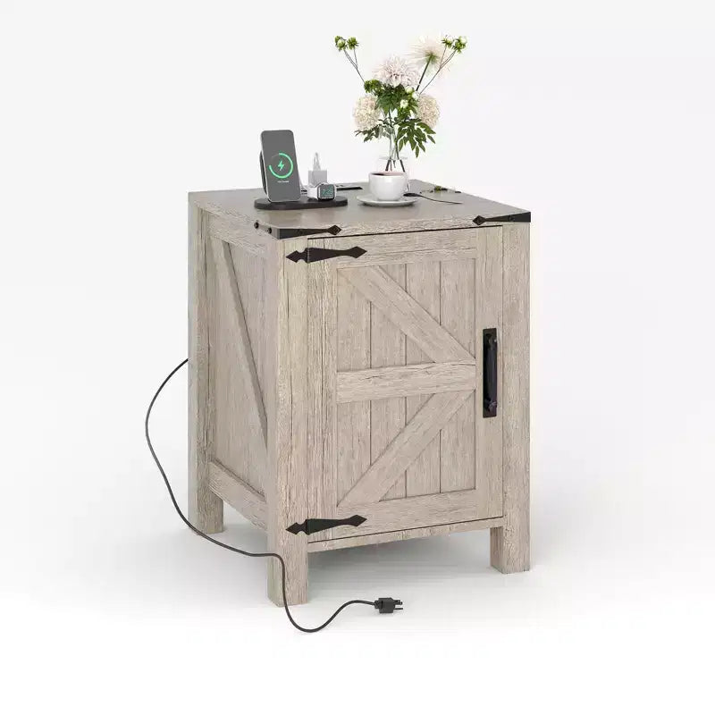 2Pcs Farmhouse Nightstand with Charging Station, Rustic Barn Door Bedside Table with Adjustable Shelf, Small End Table for Bedroom and Living Room