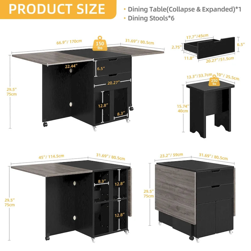 Moasis 5 Pieces 7 Pieces Folding Dining Set with Drop Leaf Table and Storage Stools for up to 6 People