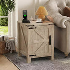 2Pcs Farmhouse Nightstand with Charging Station, Rustic Barn Door Bedside Table with Adjustable Shelf, Small End Table for Bedroom and Living Room