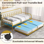 Costway Twin Size Metal Daybed with Trundle Space-Saving Sofa Bed Lockable Wheels Gold