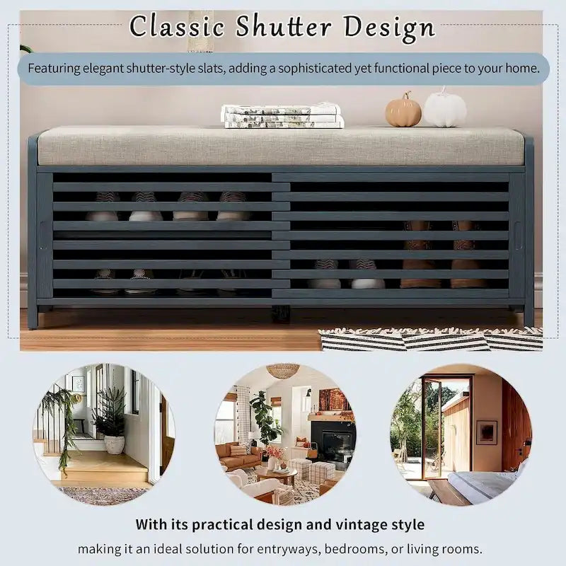 43.30 Solid Wood Storage Bench with Contemporary Distressed Blinds