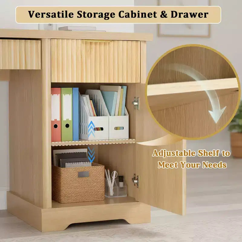 GDFStudio Haoran 55 Modern Fluted Office Desk with Power Outlet, Keyboard Tray, Door and Drawers