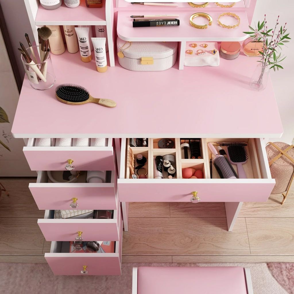 Makeup Vanity Set Table With LED Light &Mirror & Stool