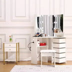 Corner Makeup Vanity Desk with Lights, Dressing Table with Power Outlet and Rotating Drawers for Bedroom