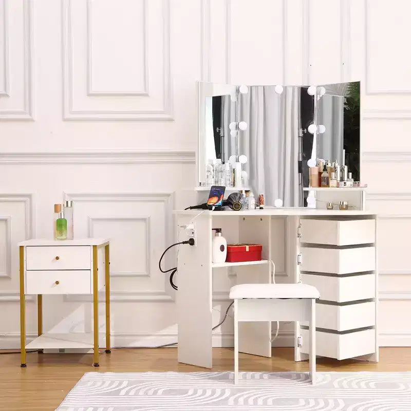 Corner Makeup Vanity Desk with Lights, Dressing Table with Power Outlet and Rotating Drawers for Bedroom