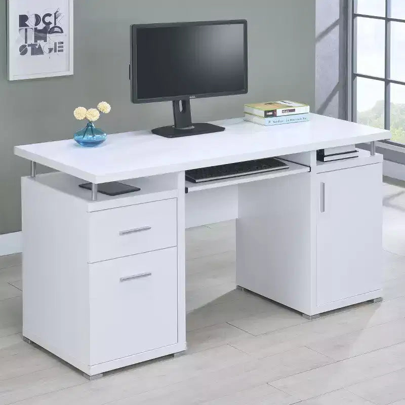 55 Wooden Writing Desk with 2 Drawers, 1 Cabinet, 1 Open Shelf and Door for Home Office or Study