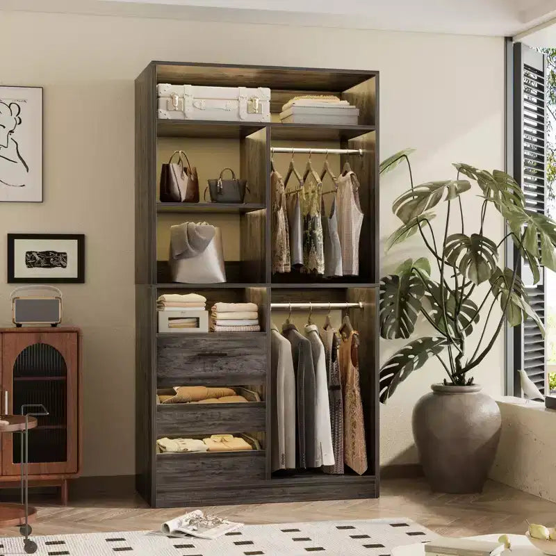 Closet Organizer with Wood Drawers, Freestanding Closet System with Hanging Rods