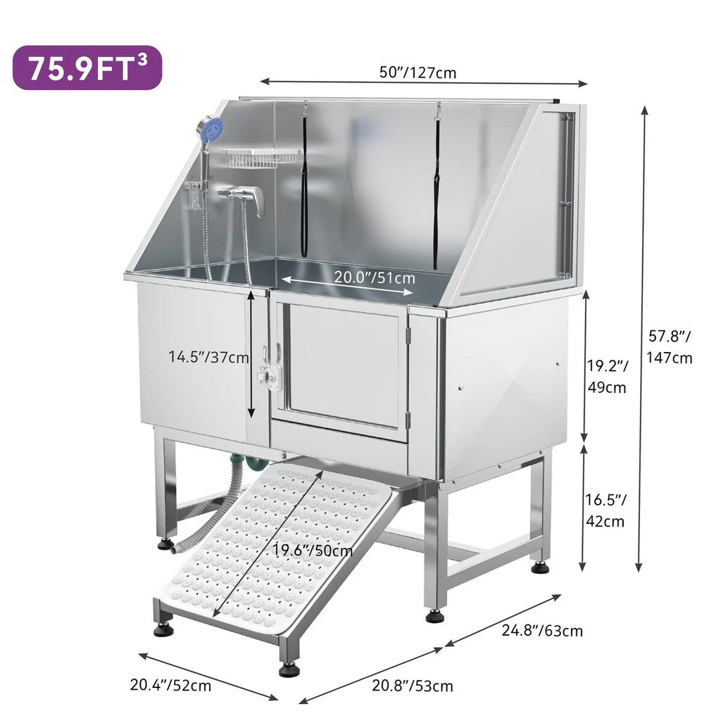 50 W Stainless Steel Adjustable Pet Grooming Tub with Steps Ramp