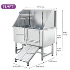 50 W Stainless Steel Adjustable Pet Grooming Tub with Steps Ramp