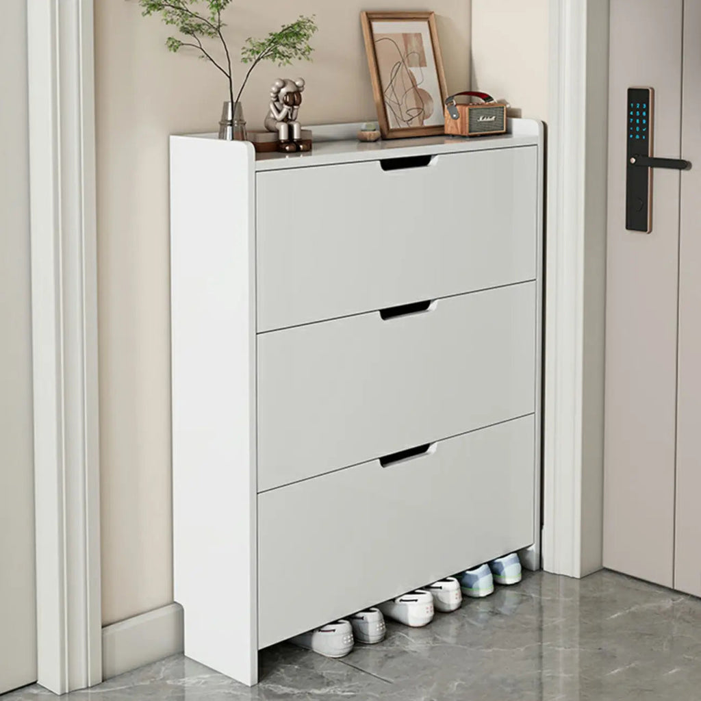 3-Tier White Wood Shoe Cabinet with Drop Front