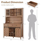 72 Farmhouse Bar Cabinet with Sliding Barn Door  Large Kitchen Buffet with Hutch, Charging Station, 2 Drawers & 8 Storage Shelves  Coffee