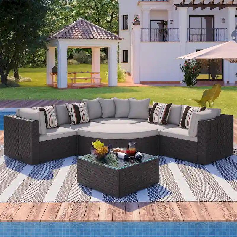 Modern 7-Piece Outdoor Wicker Sofa Set with Coffee Table, Cushions, and Striped Pillows, Suitable for Patio, Garden, Deck