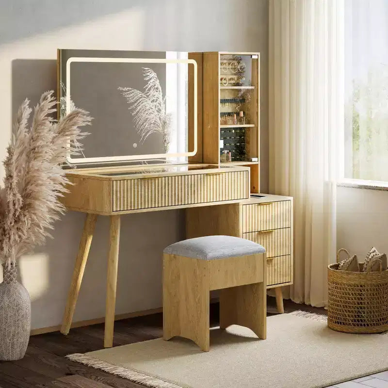 48 Fluted Makeup Vanity Desk with Mirror & LED Lights, Charging Station, Cushioned Storage Stool for Bedroom