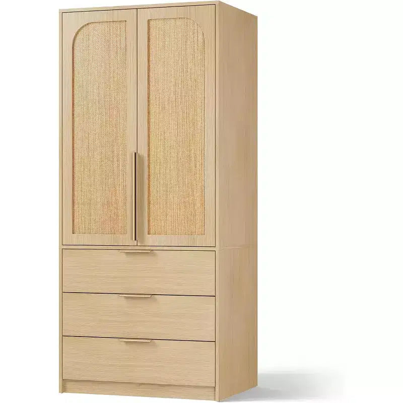 2-Door Wardrobe Cabinet with 3 Drawers & Hanging Rod
