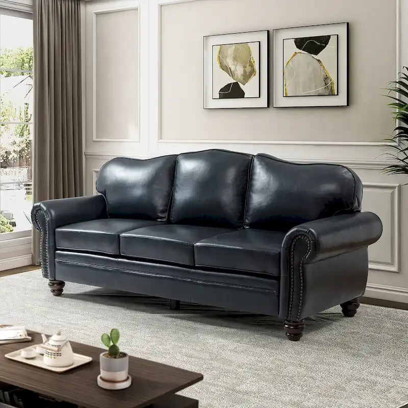 Balvino 81 Wide Transitional Genuine Leather Rolled Arm Sofa with Nailhead Trim and Removable Cushions