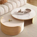 Modern Round Coffee table, Stone Table-top, Natural Wood - 50  x 31.5
