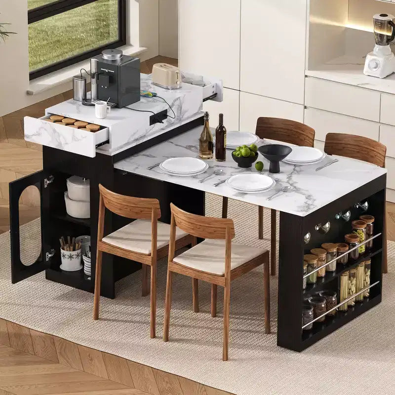 Whisen Extendable Dining Table, Mobile Rolling Island Table with 3 Removable Middle Leaves, Storage Cabinet