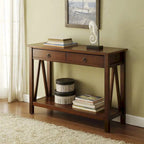 Antique Tobacco Brown Wood Console Table with Drawer and Open Shelf