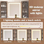 JVNOXK 43.5-inch Modern Vanity Set with Mirror and Light, Featuring Drawers and Clear Glass Cabinet, Includes Stool and Charging Station, Brown