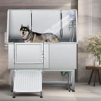 50 W Stainless Steel Adjustable Pet Grooming Tub with Steps Ramp