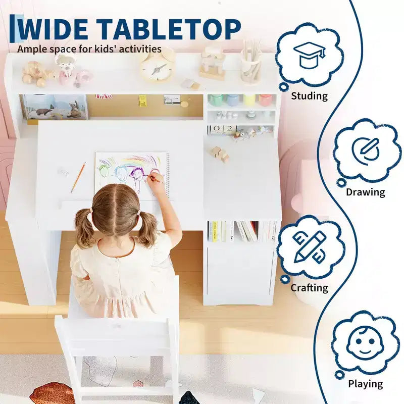 Kids Study Desk & Chair Set with Storage, Kids Study Desk with Hutch and Tiltable, Wooden Children Table with Storage Cabinet for 3-8 Years Old