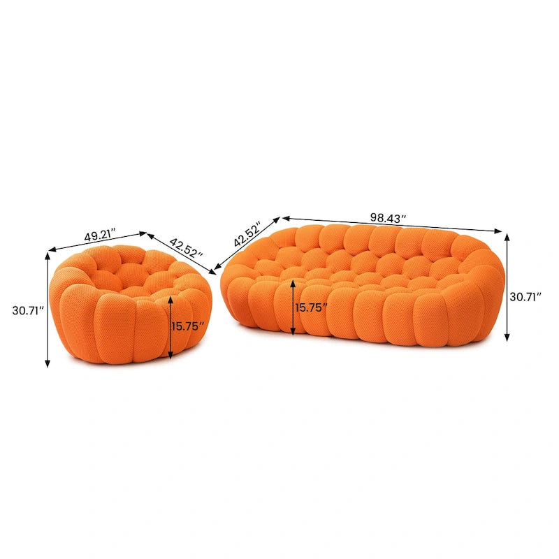 2PCS 3D Honeycomb Fabric Upholstered Bubble Sofa, 3 Seater Bubble Couch and Single Sofa for Living Room