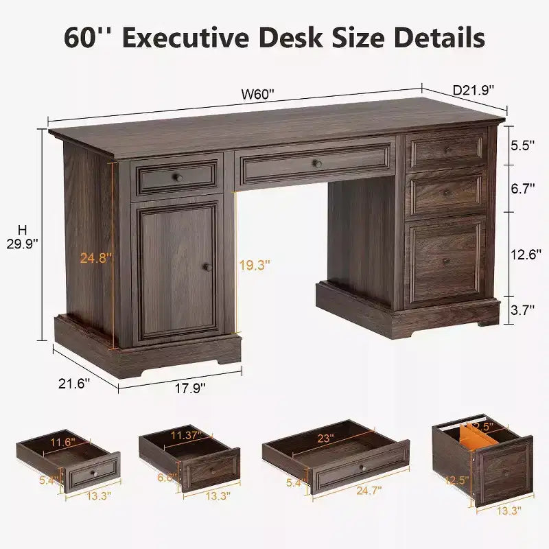 60 Farmhouse Executive Desk for Home Office - Wooden Writing Desk with Drawers, Cabinet Storage, Rustic Home Office Desk for Work Study