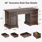 60 Farmhouse Executive Desk for Home Office - Wooden Writing Desk with Drawers, Cabinet Storage, Rustic Home Office Desk for Work Study