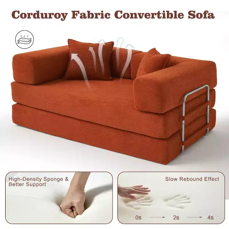 Dyonery 65-in five-in-one folding floor sofa bed, convertible into a double bed sofa bed, with a fixed metal frame, corduroy