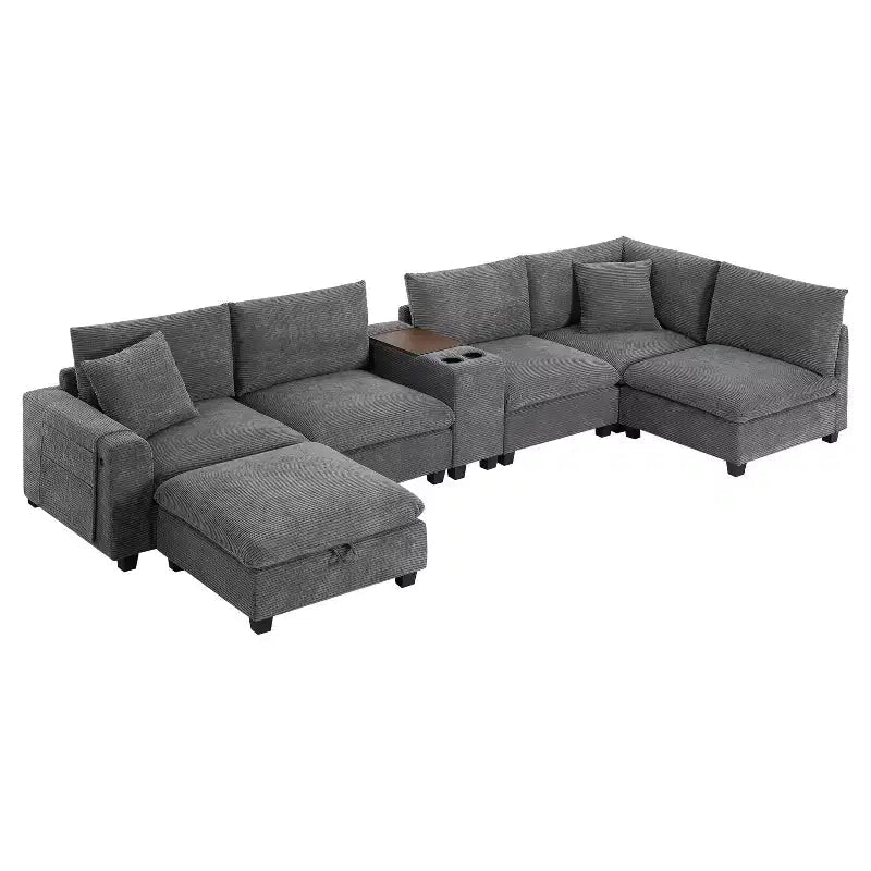 Clihome 140 Oversized Modular Sectional Sofa with Movable Storage Ottoman,Cup Holder,Wide Seat,USB Charger,6 Seat U Shaped Corduroy Couch