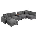 Clihome 140 Oversized Modular Sectional Sofa with Movable Storage Ottoman,Cup Holder,Wide Seat,USB Charger,6 Seat U Shaped Corduroy Couch