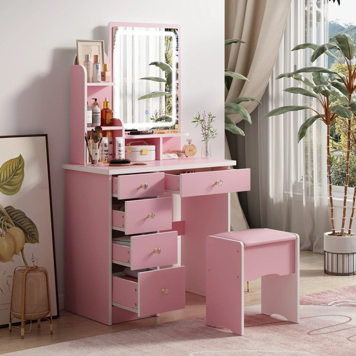 Makeup Vanity Set Table With LED Light &Mirror & Stool