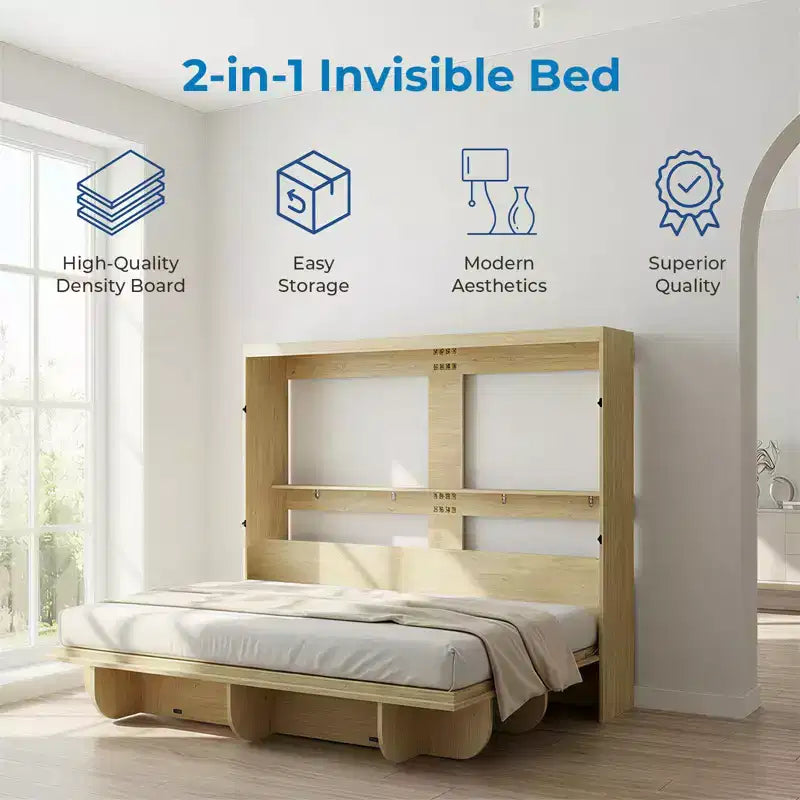 2-in-1 Invisible Murphy Bed with Shelf Storage, Queen Size, Natural Wood (Mattress Not Included)