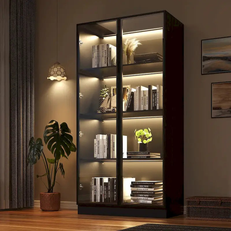 Display Storage Cabinet,Display Cabinet with Tempered Glass Doors, Showcase with 4-Tier Storage Shelves