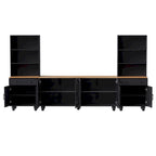 Black + Dark Walnut Farmhouse TV Entertainment Center with Bookshelves & Tempered Glass Doors for TVs Up to 70