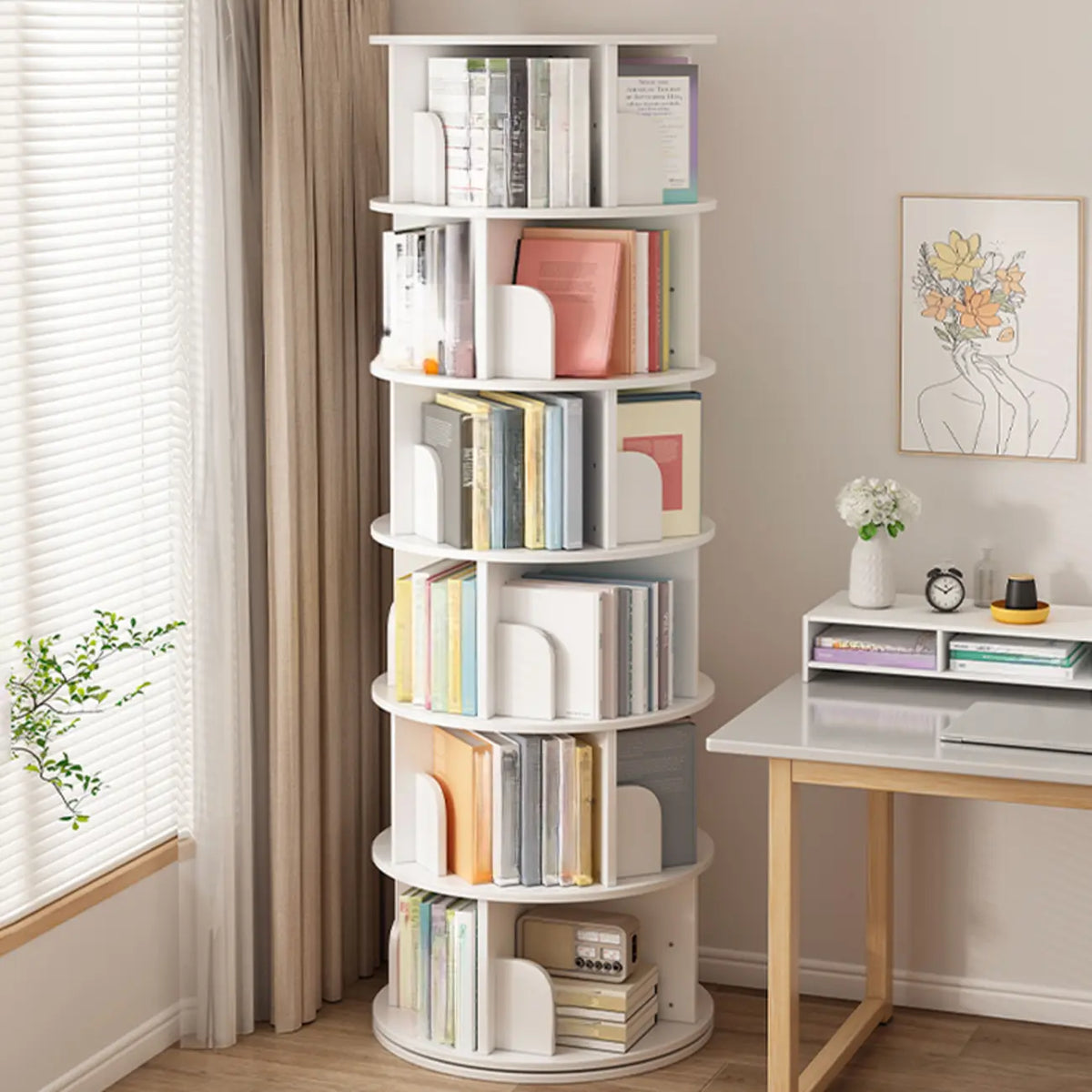 Brown Cylindrical Wooden Rotating Open-Back Bookcase