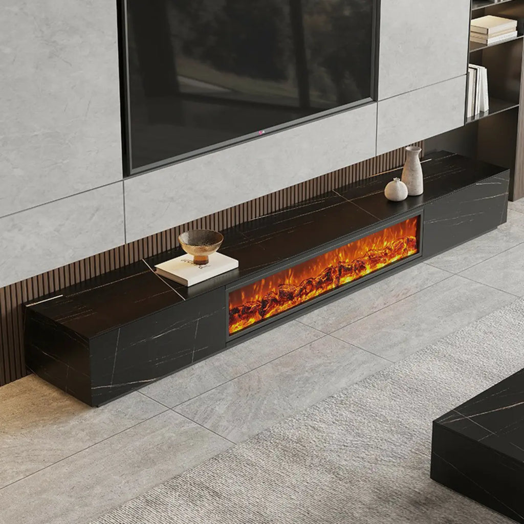 87 Rectangle Black Electric Fireplace Stone TV Stand with Light