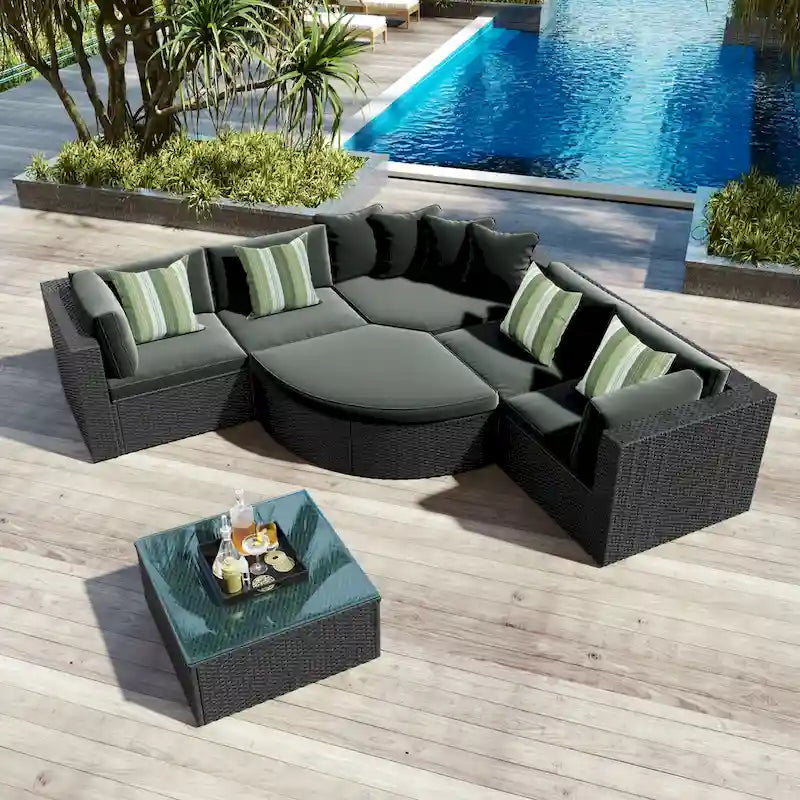 Modern 7-Piece Outdoor Wicker Sofa Set with Coffee Table, Cushions, and Striped Pillows, Suitable for Patio, Garden, Deck