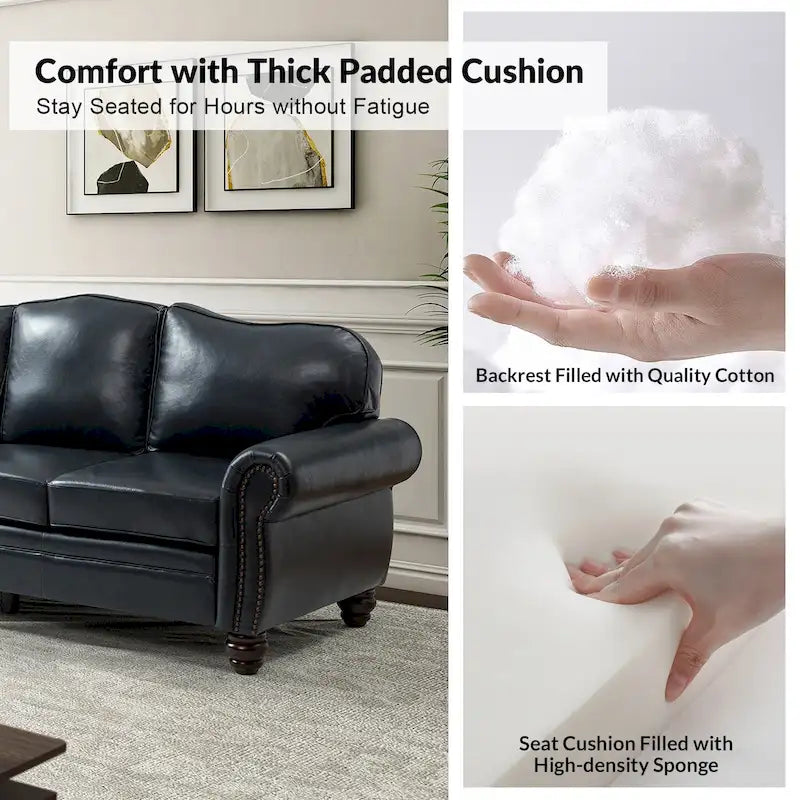 Balvino 81 Wide Transitional Genuine Leather Rolled Arm Sofa with Nailhead Trim and Removable Cushions