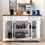 Kitchen Island w/Drop Leaf, 3 Drawers & 5 Open Side Racks, Rolling Kitchen Cart w/ 2 Tempered Glass Cabinet Doors & Power Outlet